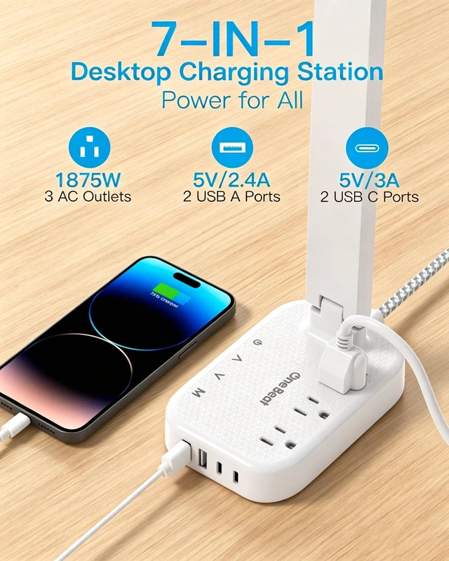 Alt view image 3 of 7 - LED Desk Lamp, 10Ft Power Strip with 3 Outlets 4 USB Ports(2 USB C), White 4 Modes 5 Level Brightness Touch Lamp, Small Desk Lamp for Home Office College Dorm Essentials, Study Reading Light