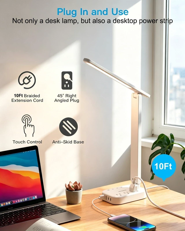 Alt view image 5 of 7 - LED Desk Lamp, 10Ft Power Strip with 3 Outlets 4 USB Ports(2 USB C), White 4 Modes 5 Level Brightness Touch Lamp, Small Desk Lamp for Home Office College Dorm Essentials, Study Reading Light