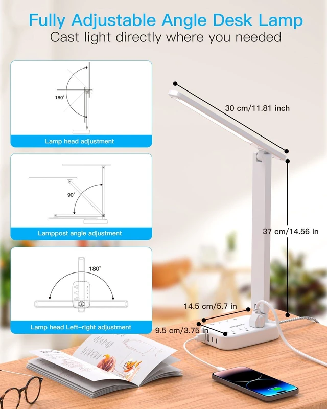 Alt view image 6 of 7 - LED Desk Lamp, 10Ft Power Strip with 3 Outlets 4 USB Ports(2 USB C), White 4 Modes 5 Level Brightness Touch Lamp, Small Desk Lamp for Home Office College Dorm Essentials, Study Reading Light