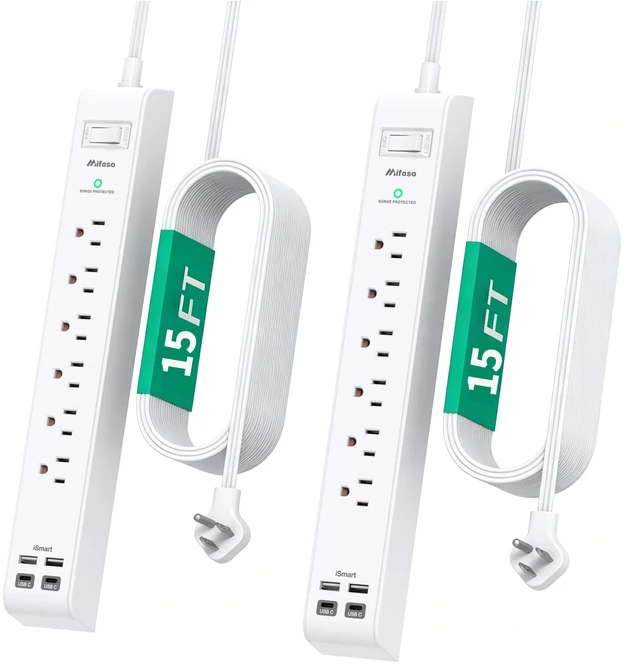 Main image of 2 Pack Extension Cord 15FT, Power Strip Surge Protector with 6 Outlets and 4 USB Ports (2 USB C), Flat Plug Overload Protection, Extension Cord with Multiple Outlets, Wall Mount for Home Dorm College