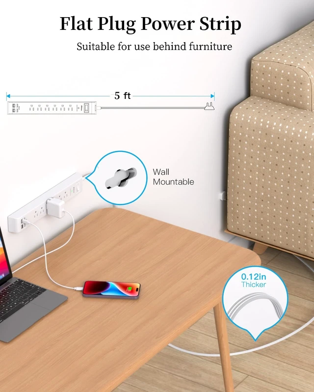 Alt view image 2 of 7 - 2 Pack Power Strip, Extension Cord 5FT, Surge Protector with 6 Outlets and 4 USB Ports (2 USB C), Flat Plug Overload Protection, Extension Cord with Multiple Outlets, Wall Mount for Home Dorm College