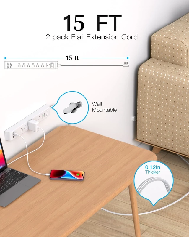Alt view image 2 of 7 - Long Power Strip Flat Plug Extension Cord, 10-in-1 with 6 AC Outlets 4 USB Ports(2 USB-C), Ultra Flat Plug Braided Extension Cord, Wall Mountable, 1080J Surge Protection