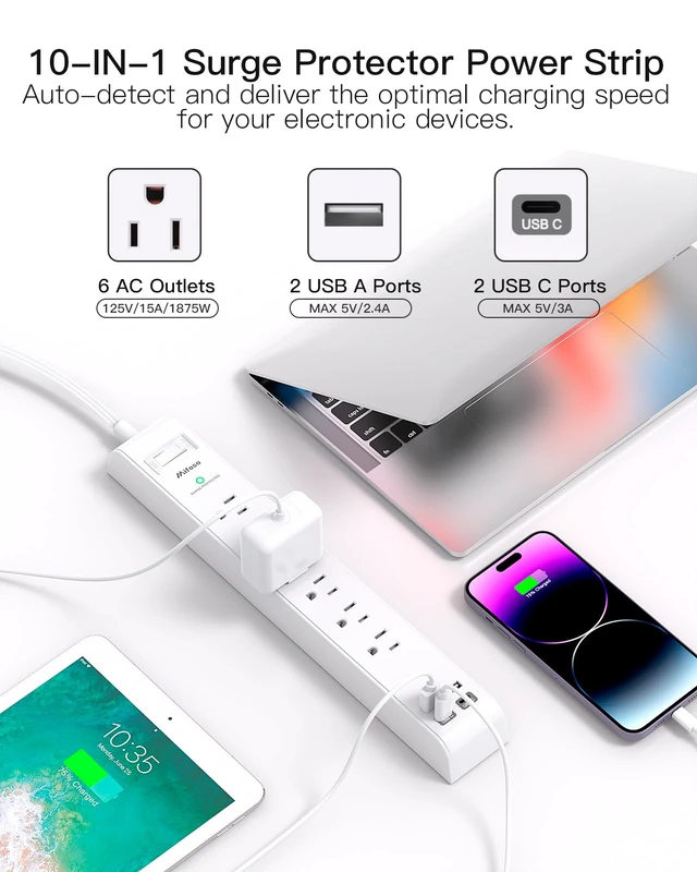 Alt view image 3 of 7 - 2 Pack Power Strip, Extension Cord 5FT, Surge Protector with 6 Outlets and 4 USB Ports (2 USB C), Flat Plug Overload Protection, Extension Cord with Multiple Outlets, Wall Mount for Home Dorm College