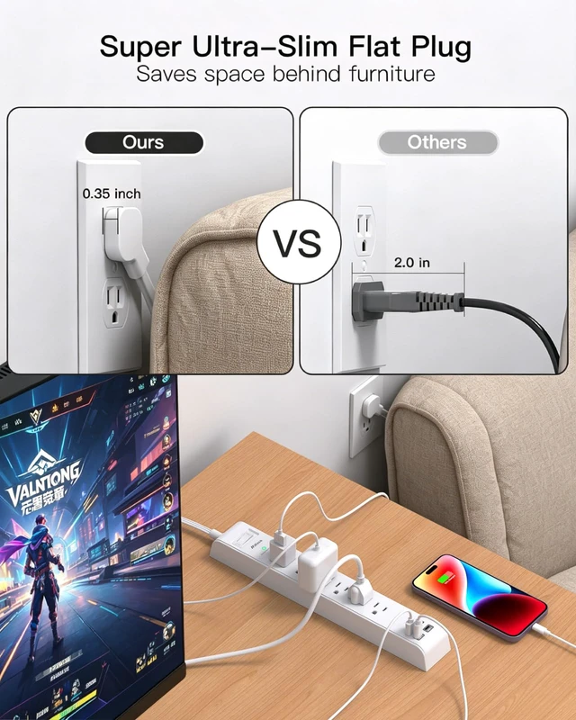 Alt view image 5 of 7 - 2 Pack Power Strip, Extension Cord 5FT, Surge Protector with 6 Outlets and 4 USB Ports (2 USB C), Flat Plug Overload Protection, Extension Cord with Multiple Outlets, Wall Mount for Home Dorm College