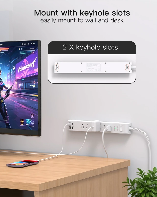 Alt view image 6 of 7 - 2 Pack Power Strip, Extension Cord 5FT, Surge Protector with 6 Outlets and 4 USB Ports (2 USB C), Flat Plug Overload Protection, Extension Cord with Multiple Outlets, Wall Mount for Home Dorm College