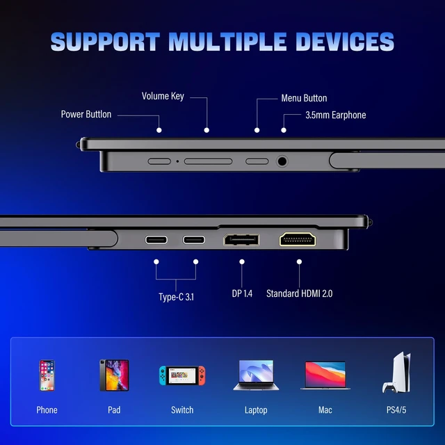 Alt view image 7 of 7 - 2K Portable Monitor for Laptop 18.5" 2560x1440p QHD 120Hz 100% sRGB USB-C Standard HDMI DP Port Gaming Monitor,HDR Travel External Second Screen for Laptop, PC, Game Consoles
