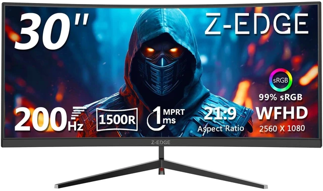 Main image of Z-Edge 30" Curved Gaming Monitor, WFHD1080P 200Hz 165Hz 144Hz, MPRT 1ms 21:9 Aspect Ratio, 1500R Curved, 16.7M Colors, 3000:1 Contrast, UG30 PIP-PBP, 2X DP 1.4 Ports and 2X HDMI 2.0 Port