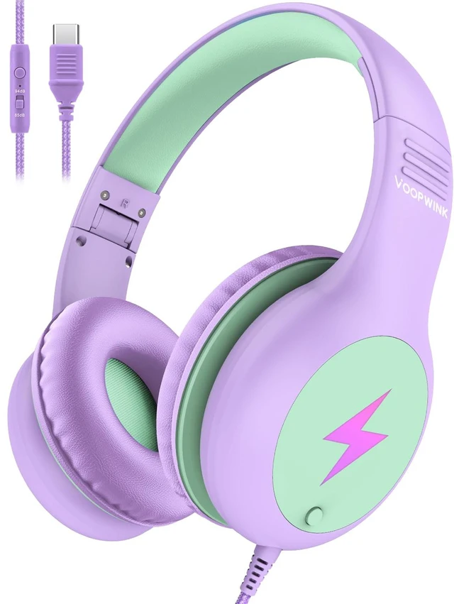 Main image of Kids Headphones Wired with Microphone, USB Type C Headphones for Kids Girls Boys with Cord/LED Lights/85/94dB Volume Limit, Portable Over Ear Headphones for School/Travel/Tablet/iPad