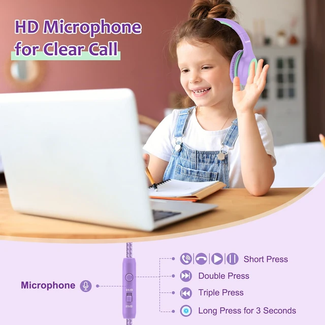 Alt view image 2 of 7 - Kids Headphones Wired with Microphone, USB Type C Headphones for Kids Girls Boys with Cord/LED Lights/85/94dB Volume Limit, Portable Over Ear Headphones for School/Travel/Tablet/iPad