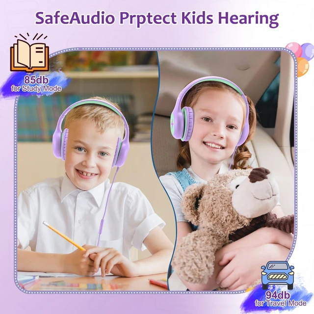 Alt view image 4 of 7 - Kids Headphones Wired with Microphone, USB Type C Headphones for Kids Girls Boys with Cord/LED Lights/85/94dB Volume Limit, Portable Over Ear Headphones for School/Travel/Tablet/iPad