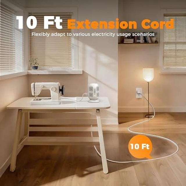 Alt view image 5 of 7 - Tower Power Strip 10 ft, Long Flat Extension Cord with Multiple Outlets, 8 AC Outlets with 4 USB Ports (1 USB C), Charging Station with, for Home Office Dorm (Pack of 2)
