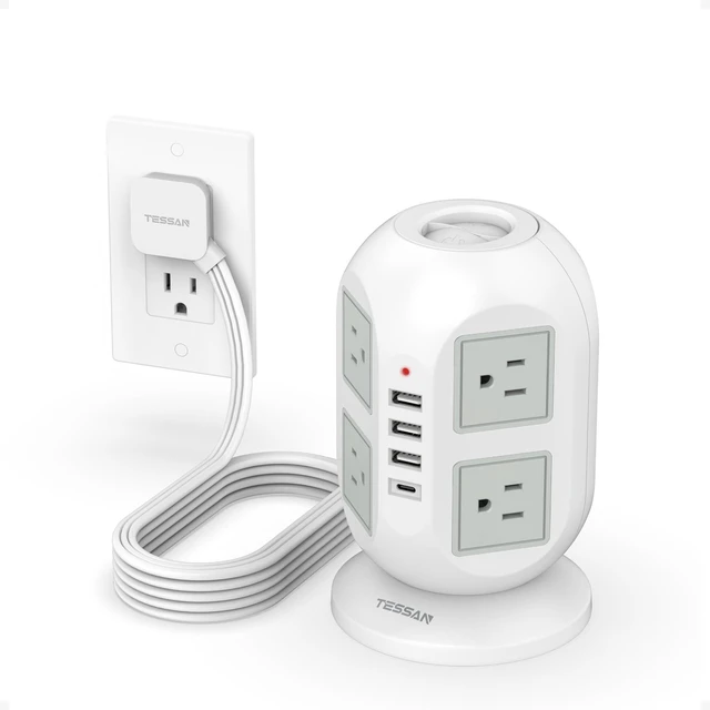 Main image of Tower Power Strip 10 ft, Long Flat Extension Cord with Multiple Outlets, 8 AC Outlets with 4 USB Ports (1 USB C), Charging Station with, for Home Office Dorm (Pack of 2)