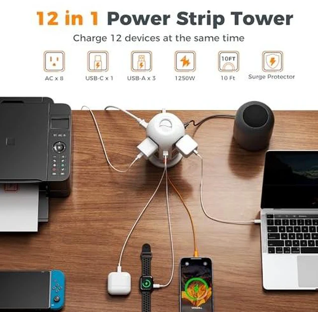 Alt view image 4 of 7 - Tower Power Strip 10 ft, Long Flat Extension Cord with Multiple Outlets, 8 AC Outlets with 4 USB Ports (1 USB C), Charging Station with, for Home Office Dorm (Pack of 2)