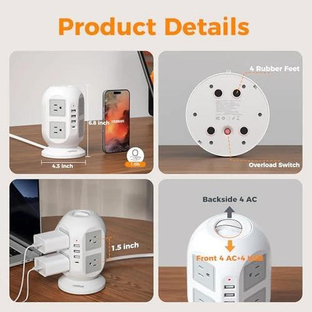 Alt view image 6 of 7 - Tower Power Strip 10 ft, Long Flat Extension Cord with Multiple Outlets, 8 AC Outlets with 4 USB Ports (1 USB C), Charging Station with, for Home Office Dorm (Pack of 2)