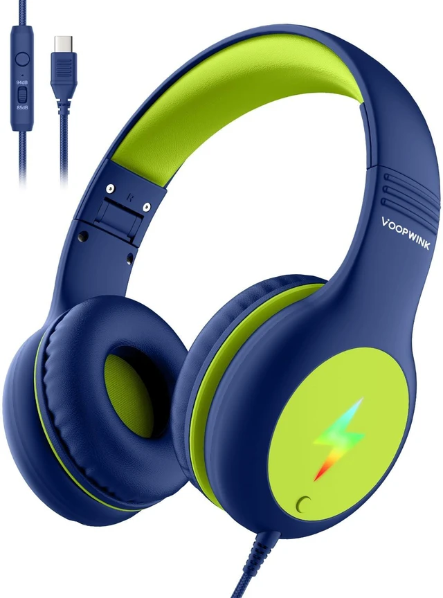 Main image of Kids Headphones Wired with Microphone, USB Type C Headphones for Kids Girls Boys with Cord/LED Lights/85/94dB Volume Limit, Portable Over Ear Headphones for School/Travel/Tablet/iPad