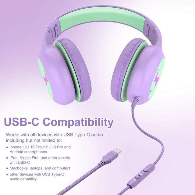 Alt view image 7 of 7 - Kids Headphones Wired with Microphone, USB Type C Headphones for Kids Girls Boys with Cord/LED Lights/85/94dB Volume Limit, Portable Over Ear Headphones for School/Travel/Tablet/iPad