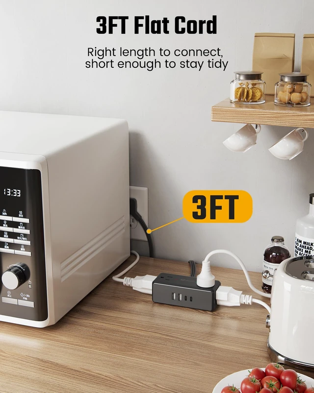 Alt view image 3 of 7 - Short Extension Cord 3Ft, Flat Plug Surge Protector Power Strip Small Extension Cord with 4 Outlets & 4 USB (2 USB C), Charging Station for Home, Office, College Dorm Room Essentialss