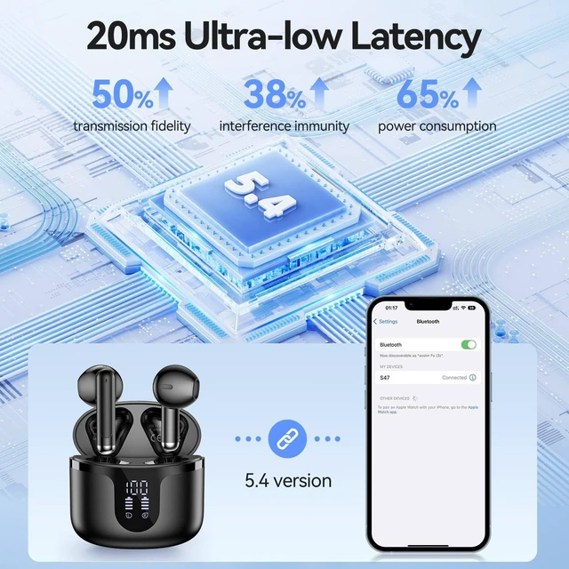 Alt view image 4 of 7 - Wireless Earbuds, Bluetooth 5.4 in Ear Headphones Wireless Bluetooth with ENC 4 Mics, Bluetooth Earbuds 50 Hour Noise-Cancelling Ear Buds with LED Indicator, IPX7 Waterproof for Sports/Work Black