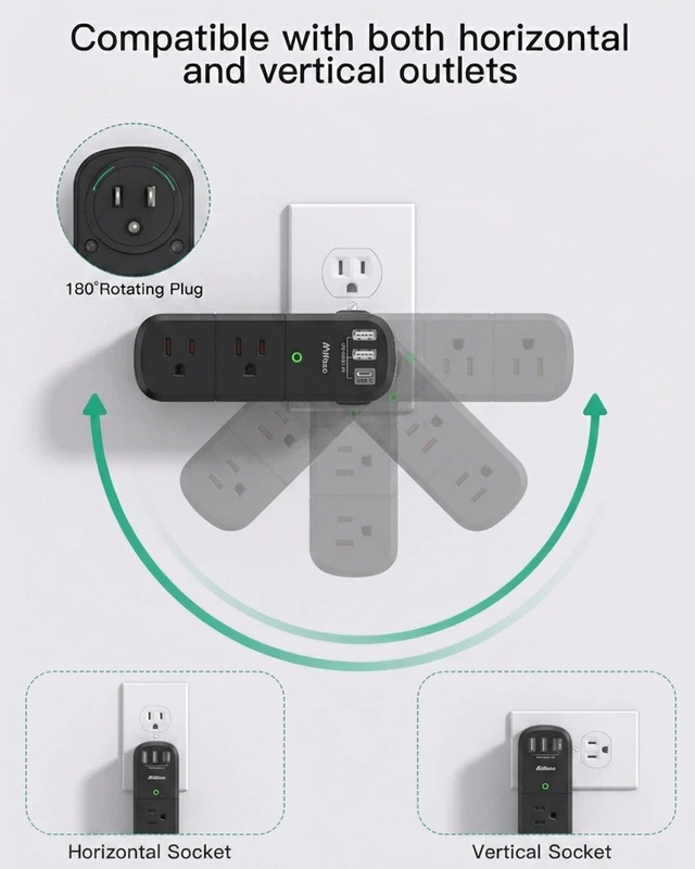 Alt view image 2 of 5 - Outlet Extender with Rotating Plug, 6 AC Multi Plug Outlets 3 USB Ports 2 Pack 3-Sided Swivel Power Strip Spaced Splitter for Home, Travel Essentials