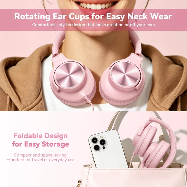 Alt view image 4 of 7 - USB C Wired Headphones with Mic, Volume Control, Over-Ear for School, Pink Foldable Plug in Headphones with Volume Control for Teens Classroom Travel, 4.9ft Tangle-Free Cord for Tablet Phone Laptop PC