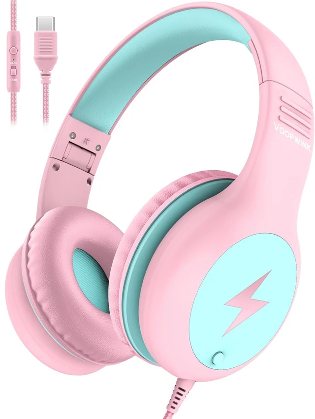 Main image of Kids Headphones Wired with Microphone, USB Type C Headphones for Kids Girls Boys with Cord/LED Lights/85/94dB Volume Limit, Portable Over Ear Headphones for School/Travel/Tablet/iPad