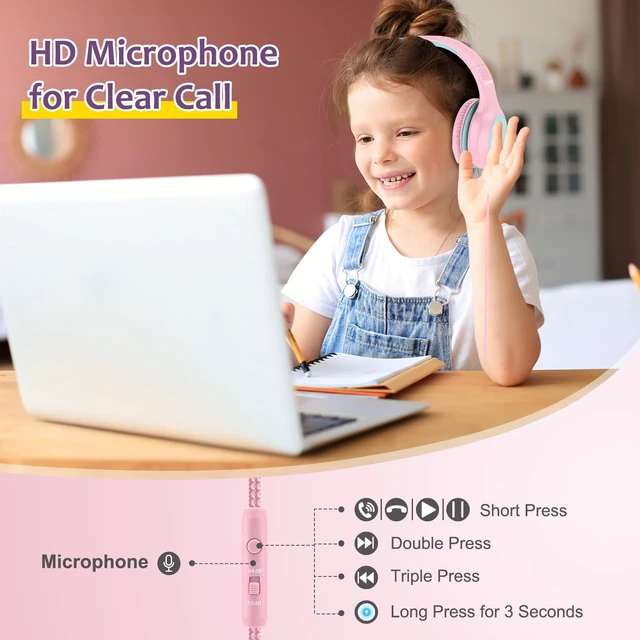 Alt view image 2 of 7 - Kids Headphones Wired with Microphone, USB Type C Headphones for Kids Girls Boys with Cord/LED Lights/85/94dB Volume Limit, Portable Over Ear Headphones for School/Travel/Tablet/iPad