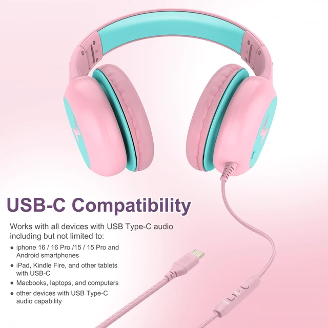 Alt view image 7 of 7 - Kids Headphones Wired with Microphone, USB Type C Headphones for Kids Girls Boys with Cord/LED Lights/85/94dB Volume Limit, Portable Over Ear Headphones for School/Travel/Tablet/iPad