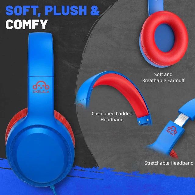 Alt view image 2 of 7 - U2 Wired Headphones for Kids for School Boys Girls w/ 3.5mm Jack Foldable Lightweight Corded Head Phones On-Ear Compatible with Chromebooks Laptop Phones for Youth Student Child Blue Red