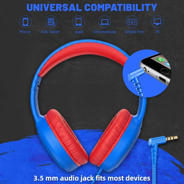 Alt view image 3 of 7 - U2 Wired Headphones for Kids for School Boys Girls w/ 3.5mm Jack Foldable Lightweight Corded Head Phones On-Ear Compatible with Chromebooks Laptop Phones for Youth Student Child Blue Red