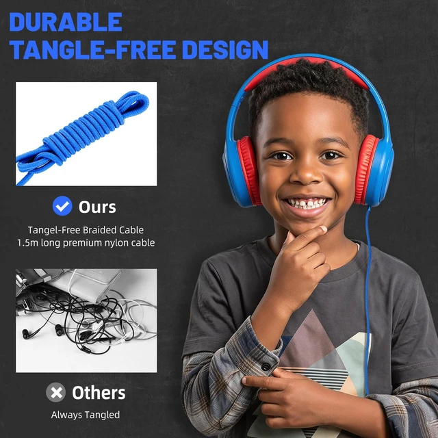 Alt view image 6 of 7 - U2 Wired Headphones for Kids for School Boys Girls w/ 3.5mm Jack Foldable Lightweight Corded Head Phones On-Ear Compatible with Chromebooks Laptop Phones for Youth Student Child Blue Red