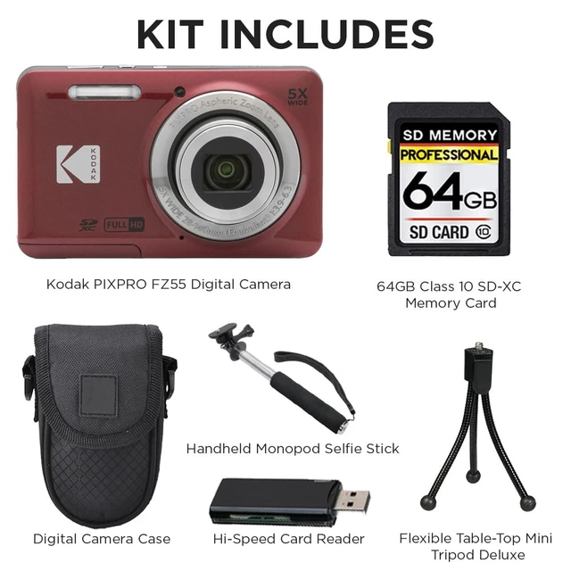Alt view image 3 of 5 - PIXPRO FZ55 Digital Camera, 16MP Compact Point & Shoot, 5X Optical Zoom, 28mm Wide Angle Lens, 1080P HD Video, Red + 64GB SD Card, Case, Selfie Stick, Mini Tripod & USB Card Reader