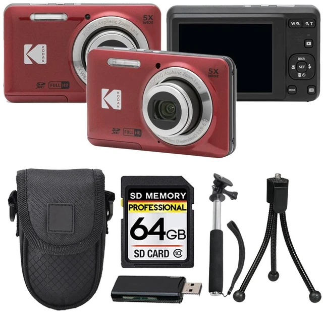 Main image of PIXPRO FZ55 Digital Camera, 16MP Compact Point & Shoot, 5X Optical Zoom, 28mm Wide Angle Lens, 1080P HD Video, Red + 64GB SD Card, Case, Selfie Stick, Mini Tripod & USB Card Reader