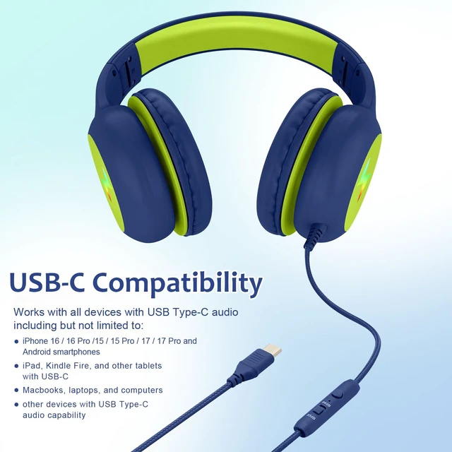 Alt view image 7 of 7 - Kids Headphones Wired with Microphone, USB Type C Headphones for Kids Girls Boys with Cord/LED Lights/85/94dB Volume Limit, Portable Over Ear Headphones for School/Travel/Tablet/iPad