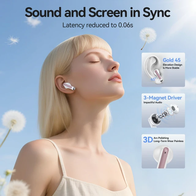 Alt view image 3 of 7 - Wireless Earbuds, Bluetooth 5.4 in Ear Headphones Wireless Bluetooth with ENC 4 Mics, Bluetooth Earbuds 50 Hour Noise-Cancelling Ear Buds with LED Indicator, IPX7 Waterproof for Sports/Work Rosa Gold