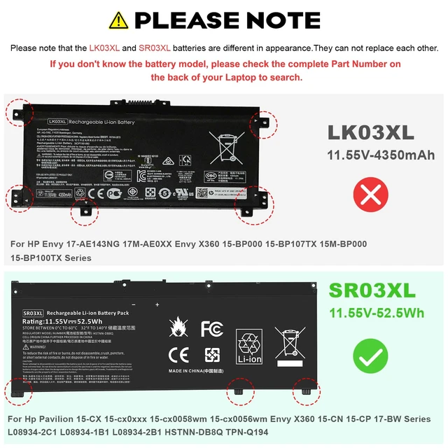 Alt view image 2 of 7 - 52Wh 11.55V SR03XL SR04XL TPN-Q194 Battery for Hp Pavilion 15-CX Envy X360 15-CN 15-CP 17-BW L08855-855 L08934-2C1 917678-2B1 L08934-1B1 L08934-2B1 HSTNN-IB8L HSTNN-DB8Q SR03052XL TPN-C133 TPN-C134
