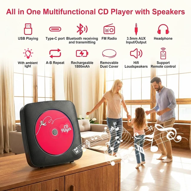 Alt view image 2 of 7 - CD Player Portable Bluetooth CD Players for Home Rechargeable Desktop Wall Mountable Portable CD Player Dual Speakers 1800mAh Boombox FM Radio MP3 Music Player Small CD Player