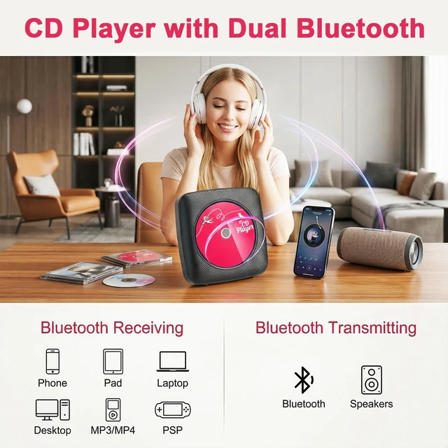 Alt view image 3 of 7 - CD Player Portable Bluetooth CD Players for Home Rechargeable Desktop Wall Mountable Portable CD Player Dual Speakers 1800mAh Boombox FM Radio MP3 Music Player Small CD Player