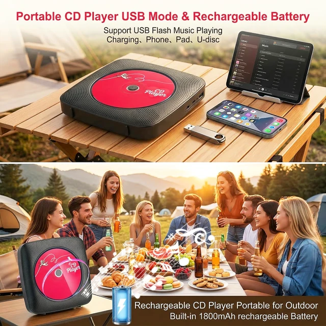 Alt view image 5 of 7 - CD Player Portable Bluetooth CD Players for Home Rechargeable Desktop Wall Mountable Portable CD Player Dual Speakers 1800mAh Boombox FM Radio MP3 Music Player Small CD Player