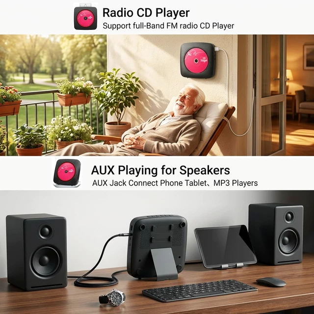 Alt view image 6 of 7 - CD Player Portable Bluetooth CD Players for Home Rechargeable Desktop Wall Mountable Portable CD Player Dual Speakers 1800mAh Boombox FM Radio MP3 Music Player Small CD Player