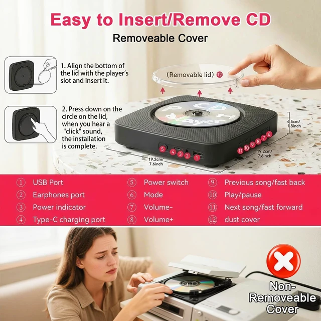 Alt view image 7 of 7 - CD Player Portable Bluetooth CD Players for Home Rechargeable Desktop Wall Mountable Portable CD Player Dual Speakers 1800mAh Boombox FM Radio MP3 Music Player Small CD Player