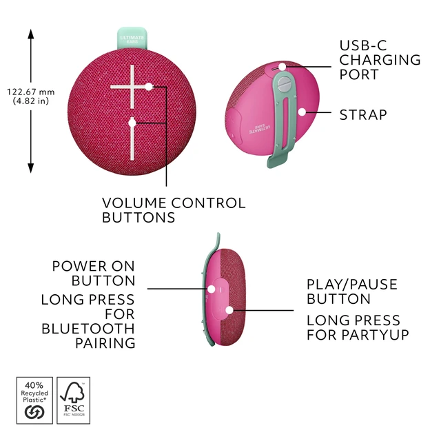 Alt view image 7 of 7 - MINIROLL Waterproof Bluetooth Speaker - Calming Pink Balanced Bass, IP67 Dustproof, 131 ft (40 m) Range