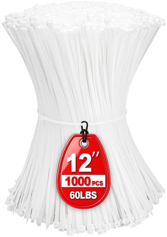 Main image of Zip Ties 12 inch, White Zip Ties 1000 Pack, Self-Locking Cable Ties with 60 Pounds Tensile Strength, Plastic Wire Ties for Indoor and Outdoor Use