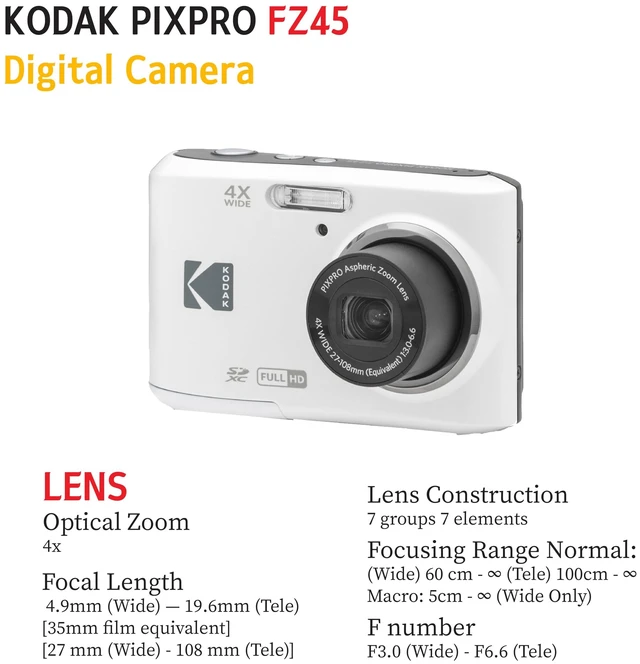 Alt view image 6 of 6 - PIXPRO FZ45 16MP Digital Camera with 4X Optical Zoom 27mm Wide Angle and 2.7" LCD Screen Bundle with 32GB SD Memory Card, AA Batteries (4 Pack), Lens Cleaning Cloth (White)