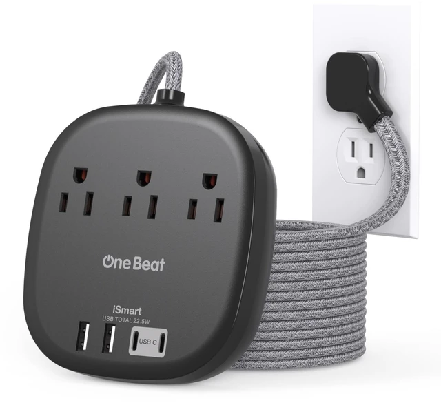 Main image of 10 Ft Long Extension Cord, 22.5W/4.5A Flat Plug Power Strip, Black 3 Outlets 4 USB Ports (2 USB C),Power Strip No Surge Protection for Cruise Ship, Home Office Dorm Room Travel Essentials