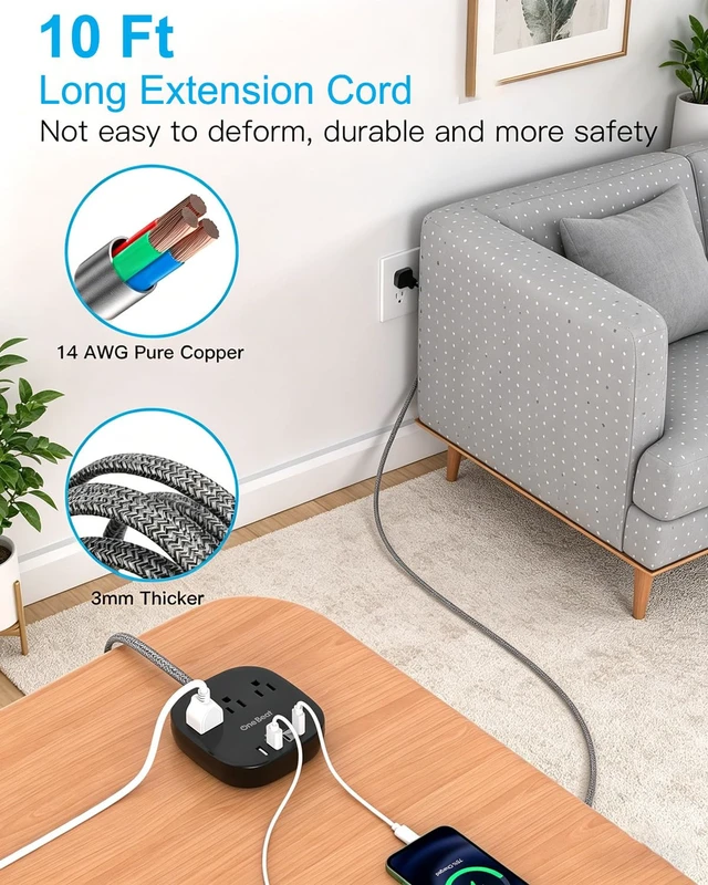 Alt view image 2 of 7 - 10 Ft Long Extension Cord, 22.5W/4.5A Flat Plug Power Strip, Black 3 Outlets 4 USB Ports (2 USB C),Power Strip No Surge Protection for Cruise Ship, Home Office Dorm Room Travel Essentials