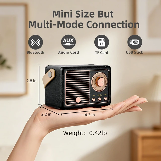 Alt view image 3 of 7 - Retro Bluetooth Speaker, Small Portable Speaker, Gifts for Men Boys Wireless Speaker with HD Stereo Sound, Vintage Decor for Desk, Office, Bedroom & Kitchen, Birthday Gifts for Women Men Teens