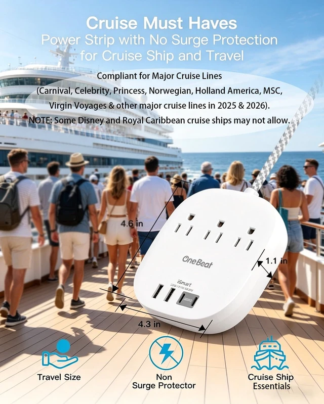 Alt view image 5 of 6 - 10 Ft Long Extension Cord, 22.5W/4.5A Cruise Ship Flat Plug Power Strip 3 Outlets 4 USB Ports (2 USB C),Power Strip No Surge Protection for Cruise Ship, Home Office Dorm Room Travel Essentials