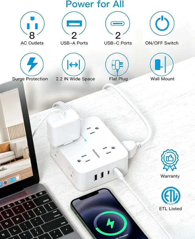 Alt view image 2 of 7 - 15Ft Long Extension Cord with Ultra-Thin Flat Plug, 8 Widely Spaced Outlets 4 USB Ports (2 USB C), 1080J Surge Protected Power Strip for Home Office, College Dorm Room Essentials, Wall Mount