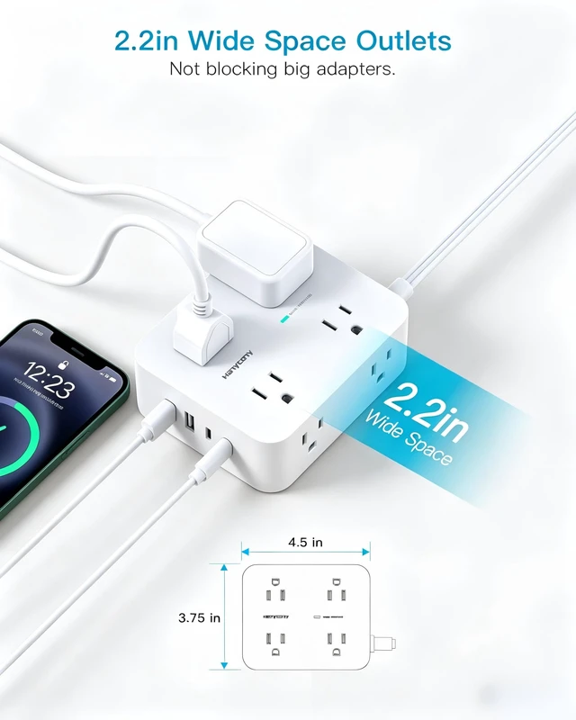 Alt view image 5 of 7 - 15Ft Long Extension Cord with Ultra-Thin Flat Plug, 8 Widely Spaced Outlets 4 USB Ports (2 USB C), 1080J Surge Protected Power Strip for Home Office, College Dorm Room Essentials, Wall Mount