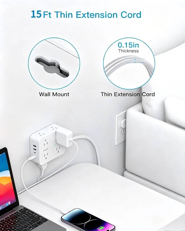 Alt view image 7 of 7 - 15Ft Long Extension Cord with Ultra-Thin Flat Plug, 8 Widely Spaced Outlets 4 USB Ports (2 USB C), 1080J Surge Protected Power Strip for Home Office, College Dorm Room Essentials, Wall Mount